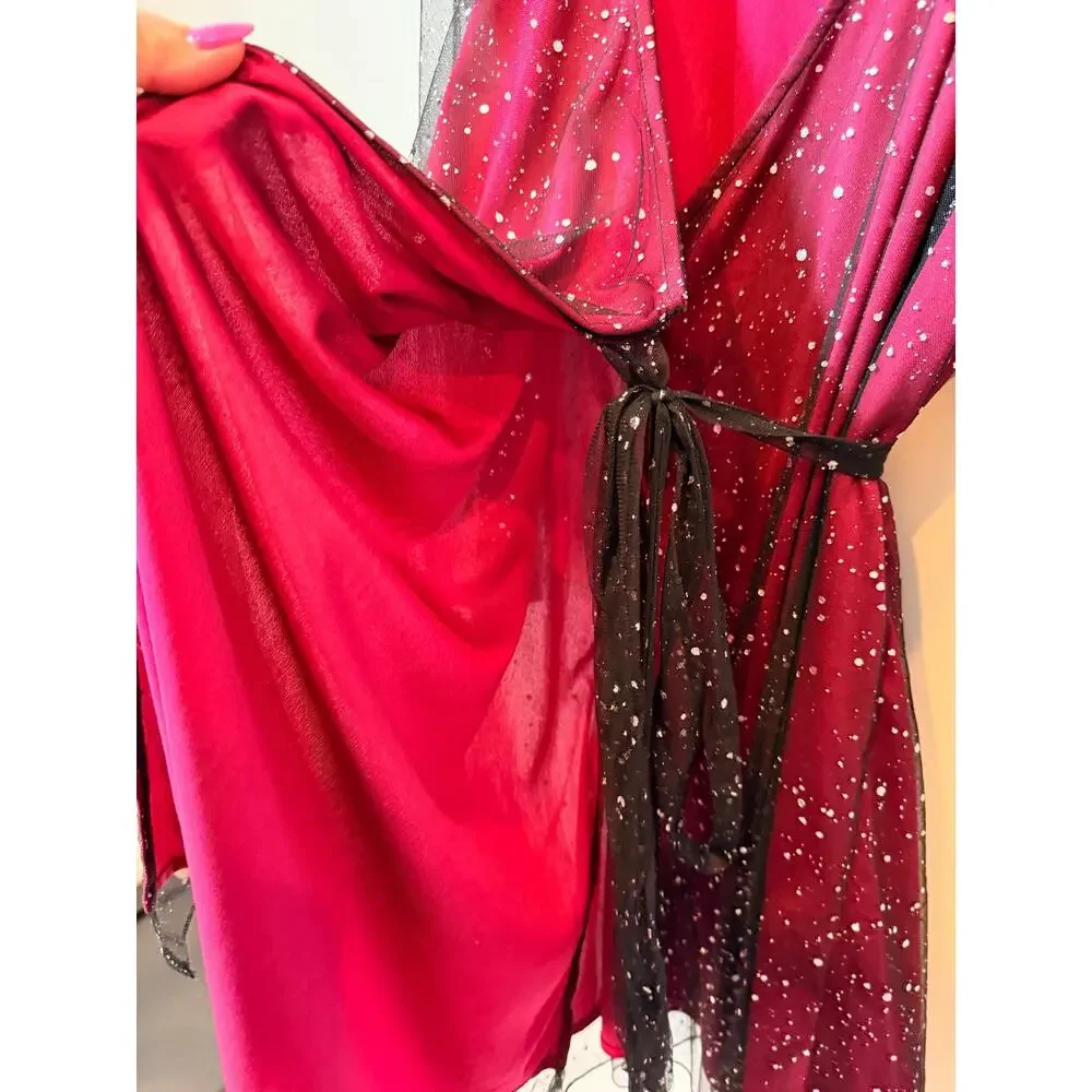 Red Dot Boutique Faux Wrap Dress NWT Burgundy Red Black Glitter Mesh Sleeve 3X